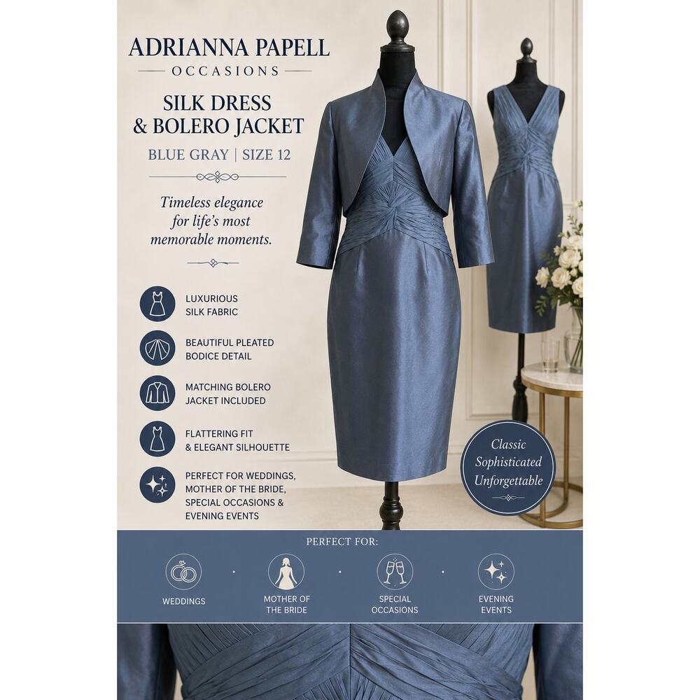 Adrianna Papell Occasions Silk Dress & Bolero Jacket Blue Gray SZ 12